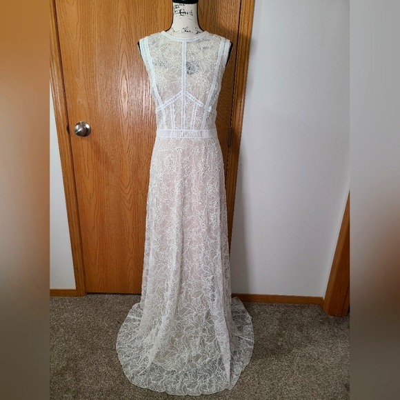 NWT Tadashi Shoji Lace Corset Look Illusion Boho Elegant Wedding Formal Dress - Picture 3 of 8